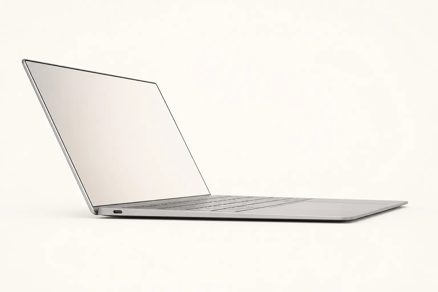 Very thin light-grey 13-inch laptop, open and viewed head-on.
