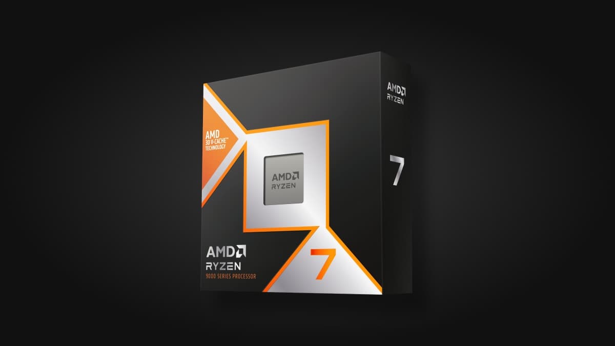 AMD Ryzen 7 9800X3D boxed desktop processor in official AMD product artwork.
