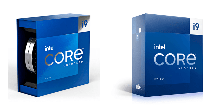 Intel Core i9-13900K retail packaging in standard and premium box styles.