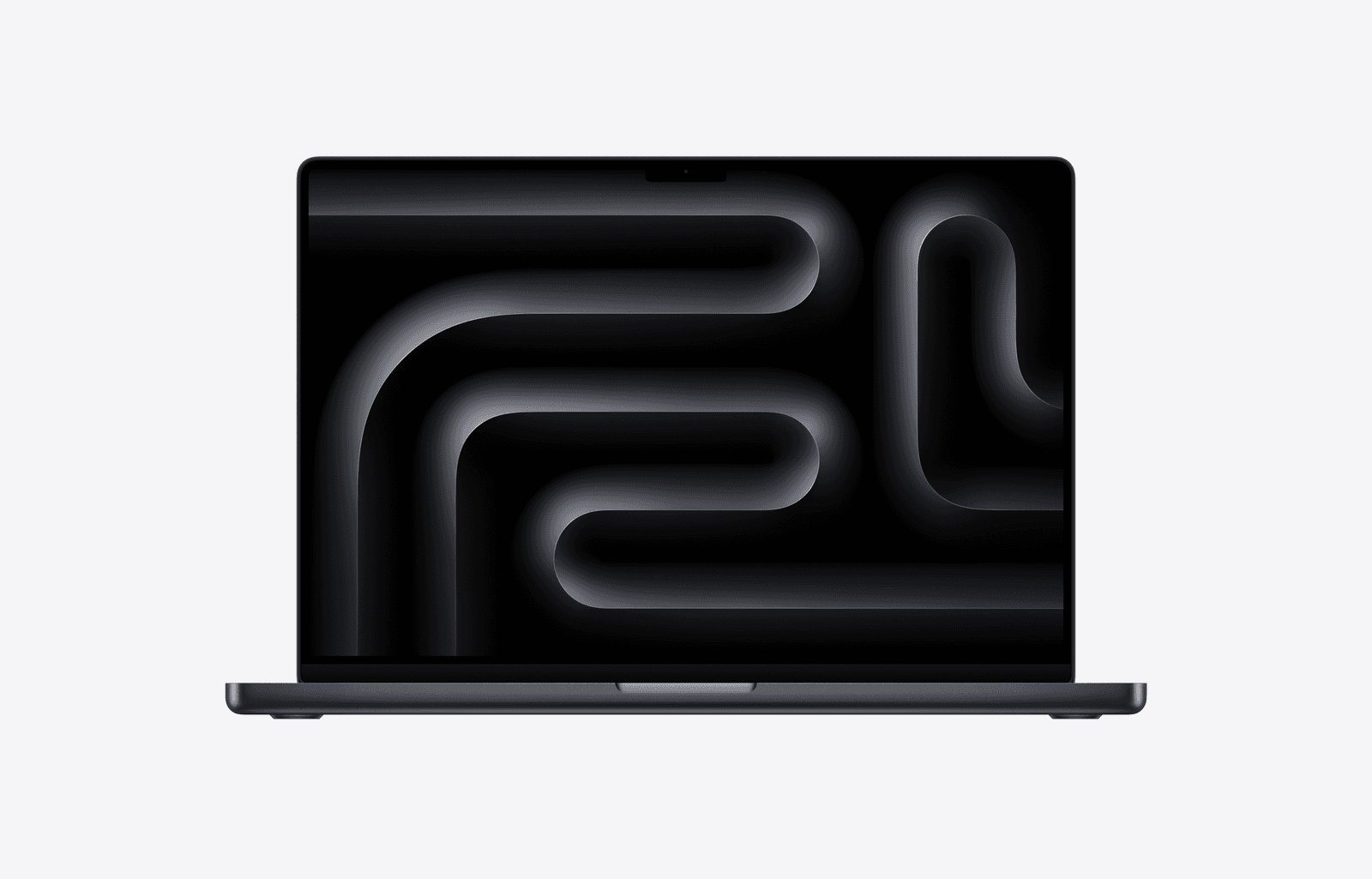 Space Black 16-inch MacBook Pro with M5 Max, open and viewed from the front.