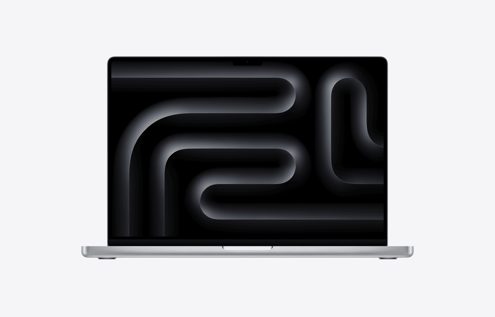 Silver 16-inch MacBook Pro with M5 Pro, open and viewed from the front.