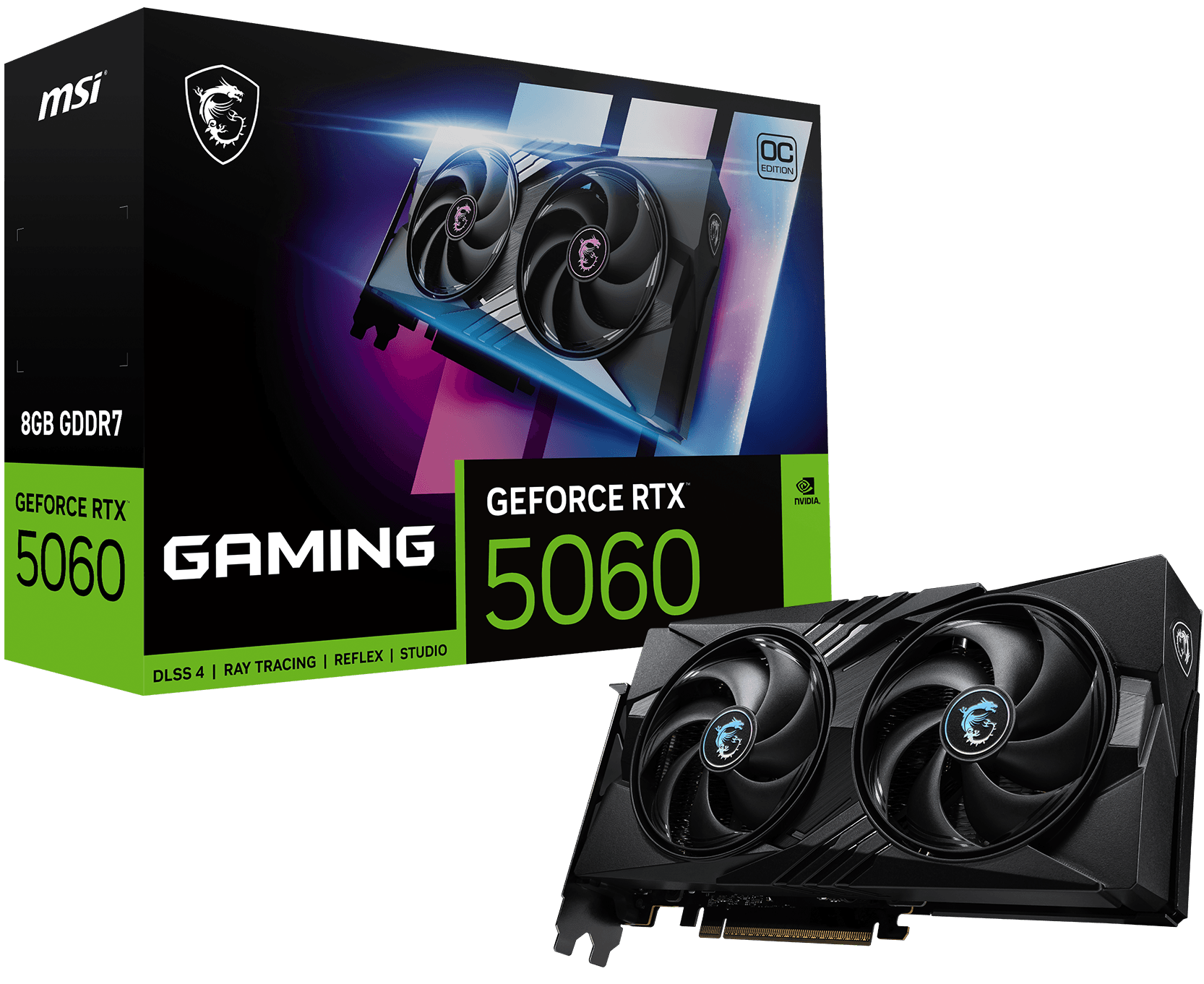MSI GeForce RTX 5060 8G GAMING OC graphics card shown with its retail box.