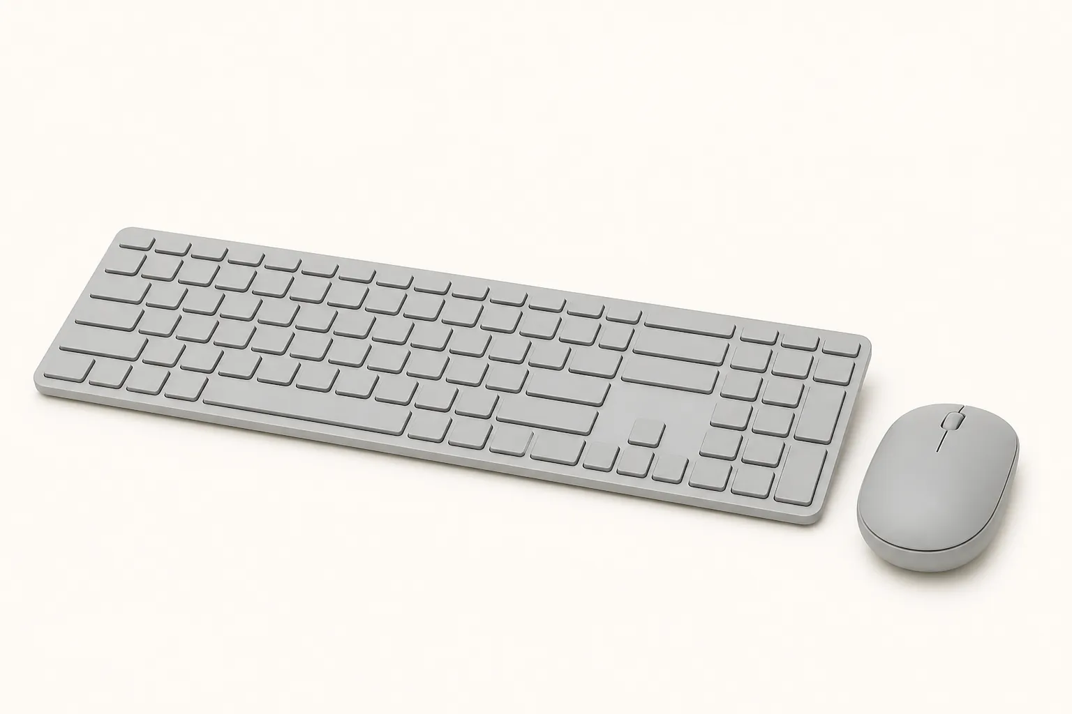 Slim grey wireless keyboard with a matching mouse resting beside it.