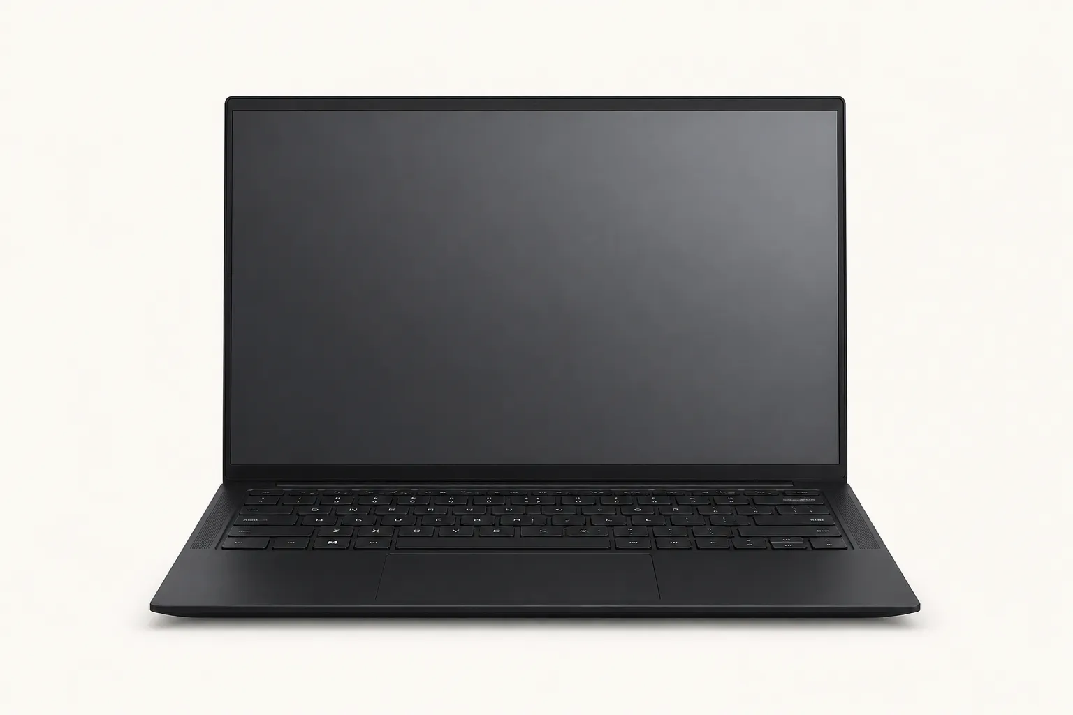 Slim dark 14-inch laptop with a high-resolution screen, open.