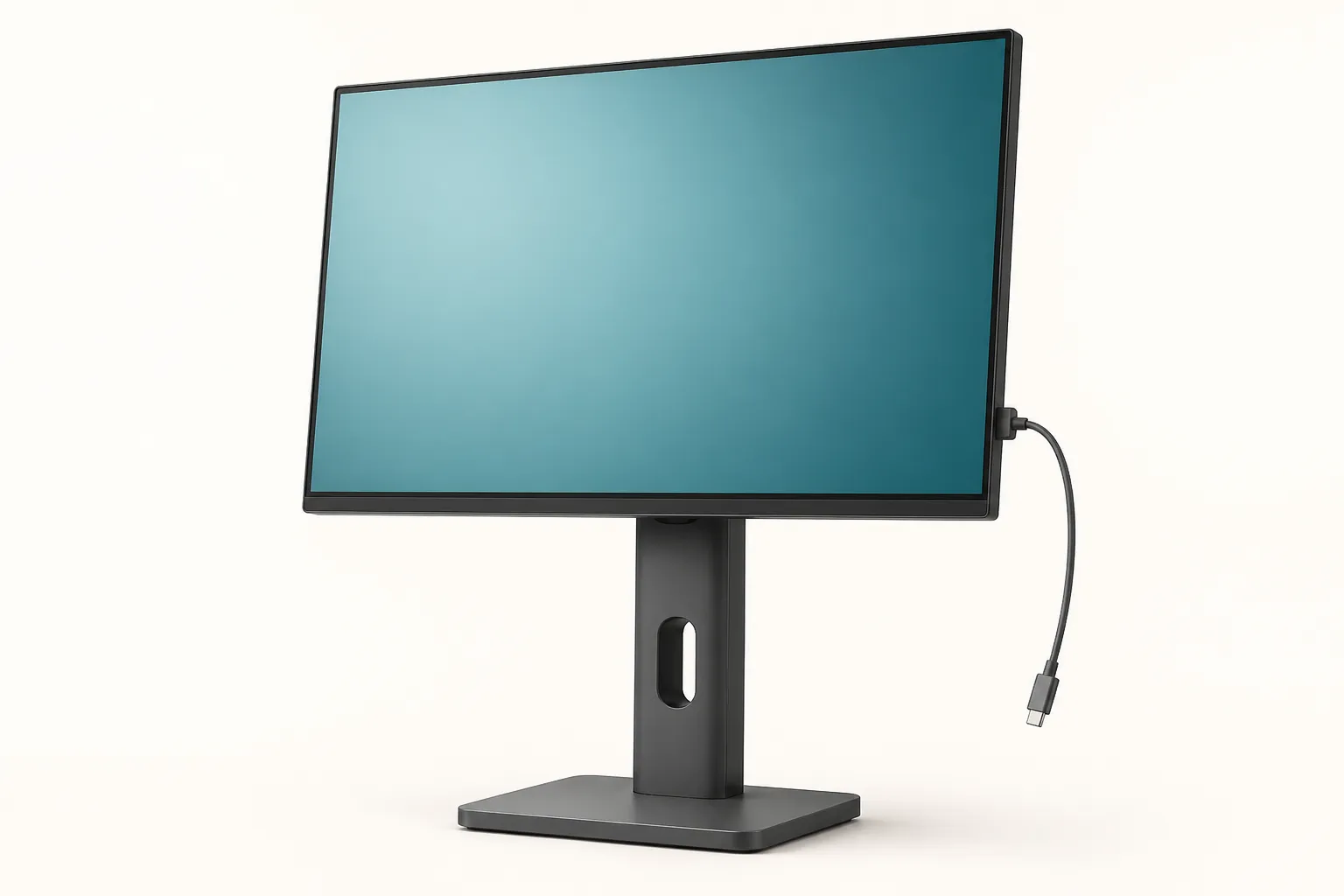 27-inch monitor on a height-adjustable stand with a USB-C cable attached.